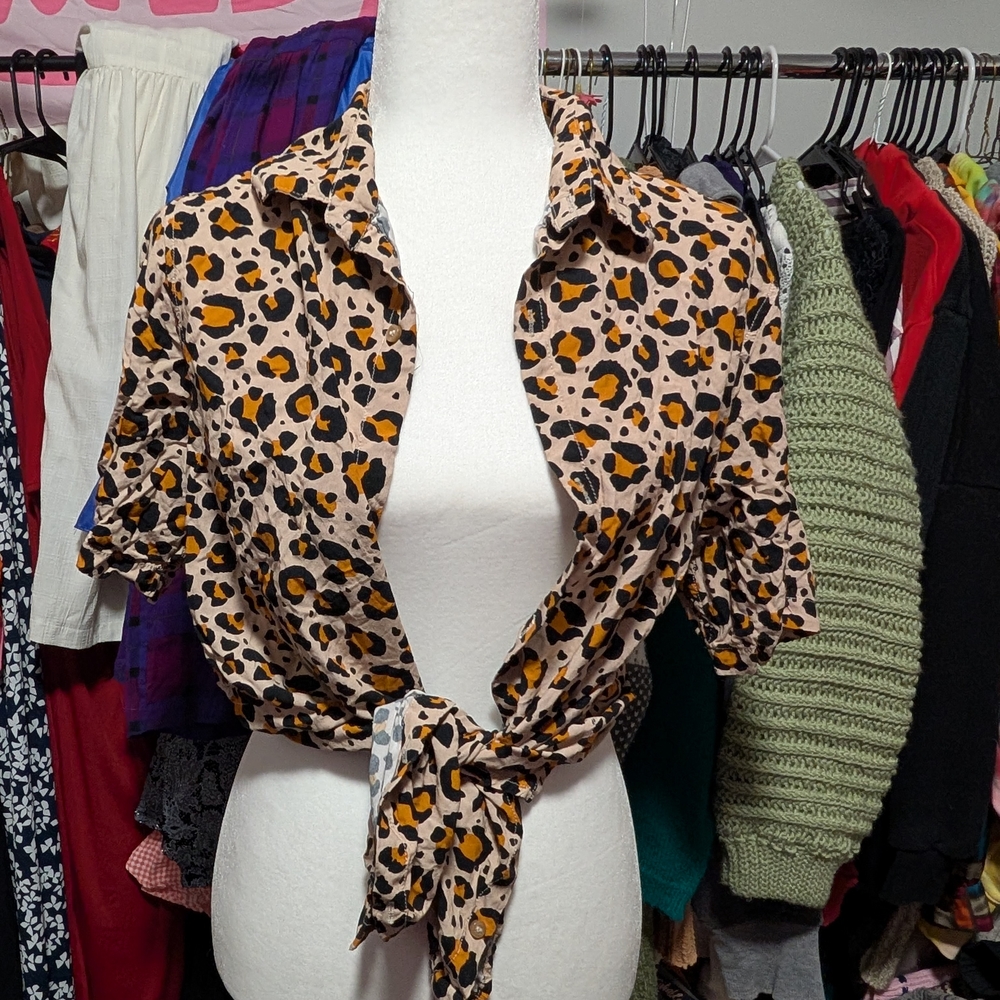 Leopard Print Tie-Front Women's Top - Beige & Gold